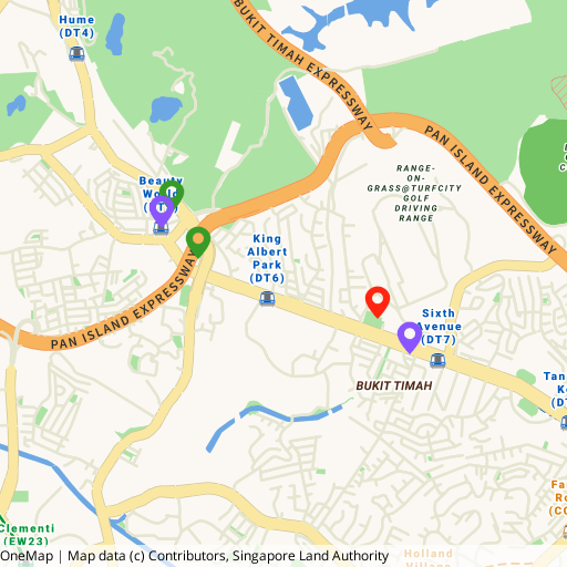 Map of the Bukit Timah area with the Dunearn Road site marked, Sixth Avenue and Beauty World MRT stations, and the Beauty World Centre and Bukit Timah Plaza shopping centres.